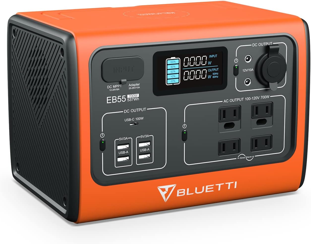 BLUETTI EB55 Portable Power Station 700W 537Wh LiFePO4 Battery Pack Solar Generator with 4 AC Outlets, 100W USB-C, Regulated 12V DC
