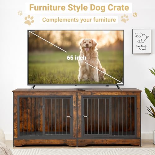 Rovibek 86" Stackable Dog Kennel Furniture with Removable Divider & 3 Doors, Double Dog Crates Furniture for 2 Dogs, Corner Dog Crate Furniture