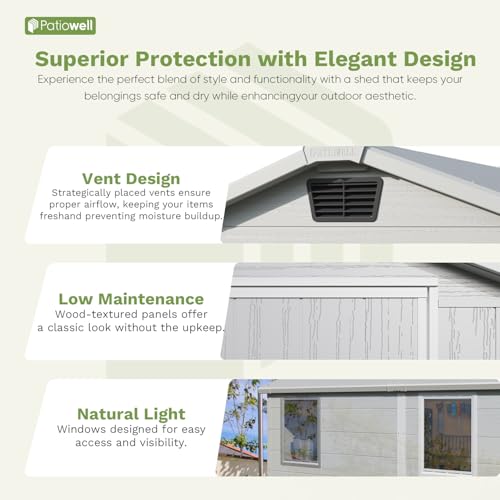 Patiowell 6 x 8 FT Plastic Outdoor Storage Shed with Floor, Resin Outside Tool Shed with Two Windows and Lockable Easy to Install, Door for Garden
