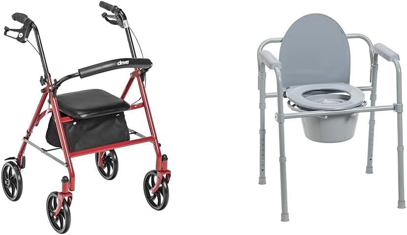 Drive Medical 10257RD-1 4 Wheel Rollator Walker with Seat, Steel Rolling Walker, Height Adjustable & 11148-1 Folding Steel Bedside Commode Chair