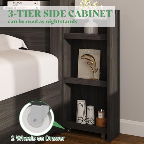 AMERLIFE Queen Bed Frame with 4 Storage Drawers, LED Platform Bed with 49" Bookcase Headboard