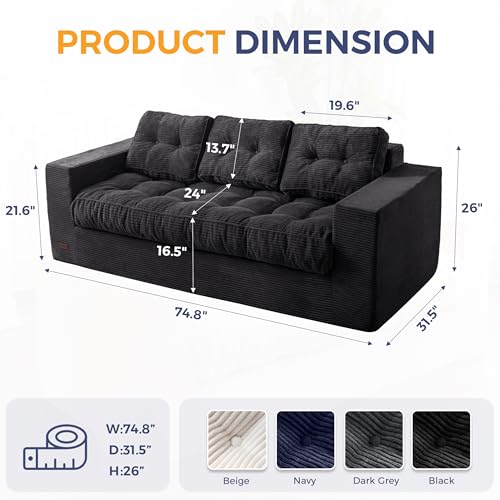 MAXYOYO 3 Seater Couch for Living Room, Boneless Couch with Tufted Cushion & Backrest, Upholstered Floor Sofa with Armrests, Sofa in A Box
