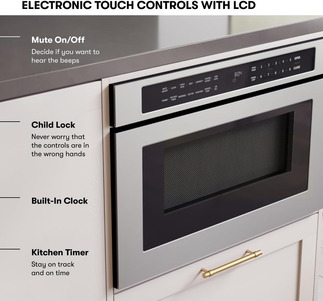 Zephyr 24 inch Built In Drawer Microwave Oven Under Cabinet - Under Counter Pull Out Microwave Drawer Sliding Door, Stainless Steel 1.2 cu ft
