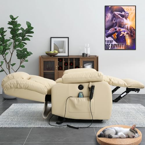 EDILLY Large Genuine Leather Power Lift Recliner Chairs for Elderly, Dual Motor with Massage and Heating,Double Lumbar Cushion and Extended Footrest