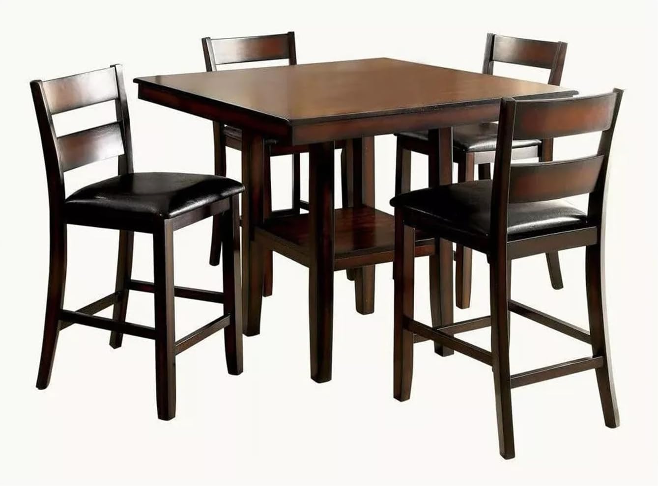 Saranya 18 Shop Brown Cherry Storage Dining Table 5pc Set Counter Height Wooden 4X High Chairs Cushion seat Shelf Shelves Furniture Room Kitchen New