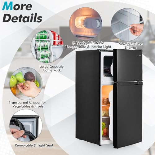 COSTWAY Compact Refrigerator, 3.2 Cu.Ft. Fridge Freezer Compartment with Reversible 2 Door, Adjustable Thermostat, Removable Glass Shelves
