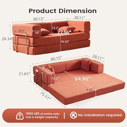 Convertible Sleeper Sofa Bed No Assembly Corduroy Upholstered Green Modular Floor Couch Queen/King Size Foldable Futon with Memory Foam for Apartment