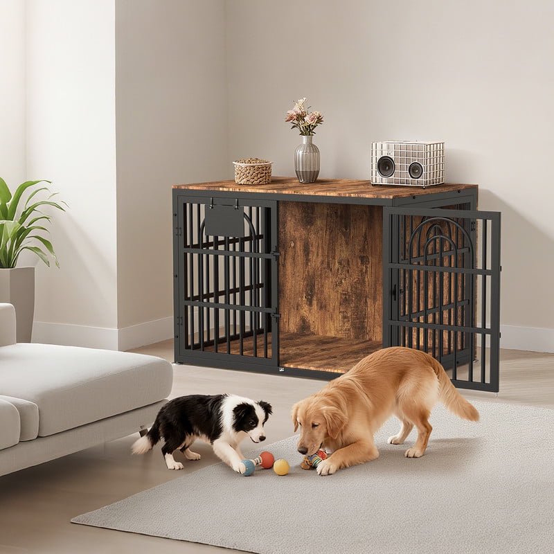 Dog Crate Furniture with Cushion, Wooden Dog Kennel End Table with Double Doors, Heavy Duty Indoor Dog House for Small Medium Large Dogs