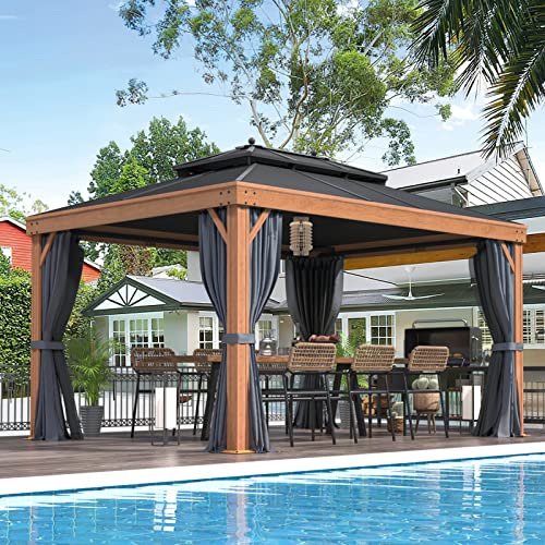 EROMMY 12'x20' Hardtop Gazebo Double Roof Galvanized Steel Canopy Outdoor Aluminum Frame Permanent Metal Pavilion with Netting and Curtains for Patio