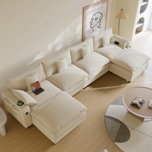 Modular Sectional Sofa, Cloud Couch with Ottoman, Charging Station, Throw Pillows, Cup Holders, Modern Convertible U Shaped Couches for Living Room