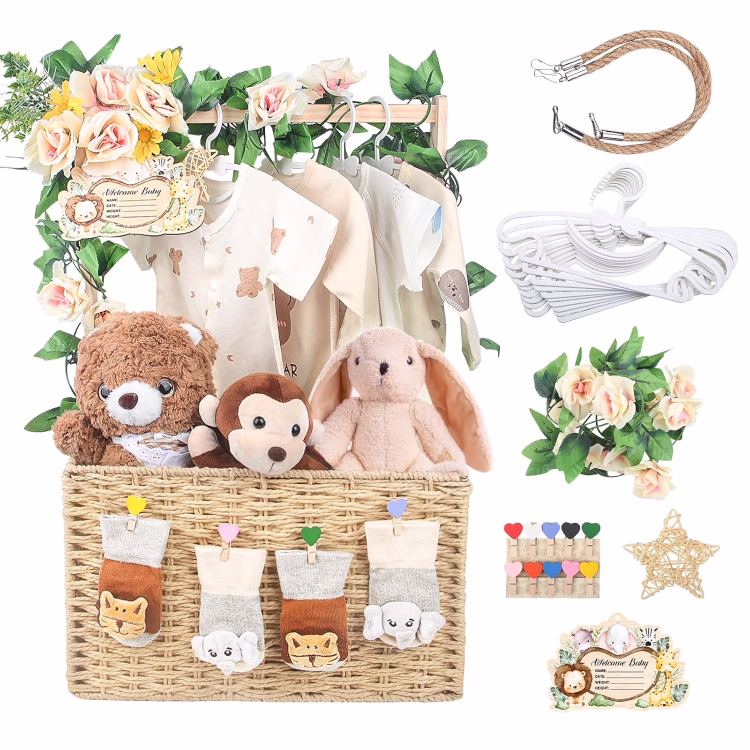 Wooden Baby Shower Crate Closet, Foldable Handwoven Storage Basket for Baby Shower Gifts, Welcome Gift Basket for Newborn Boys Girls