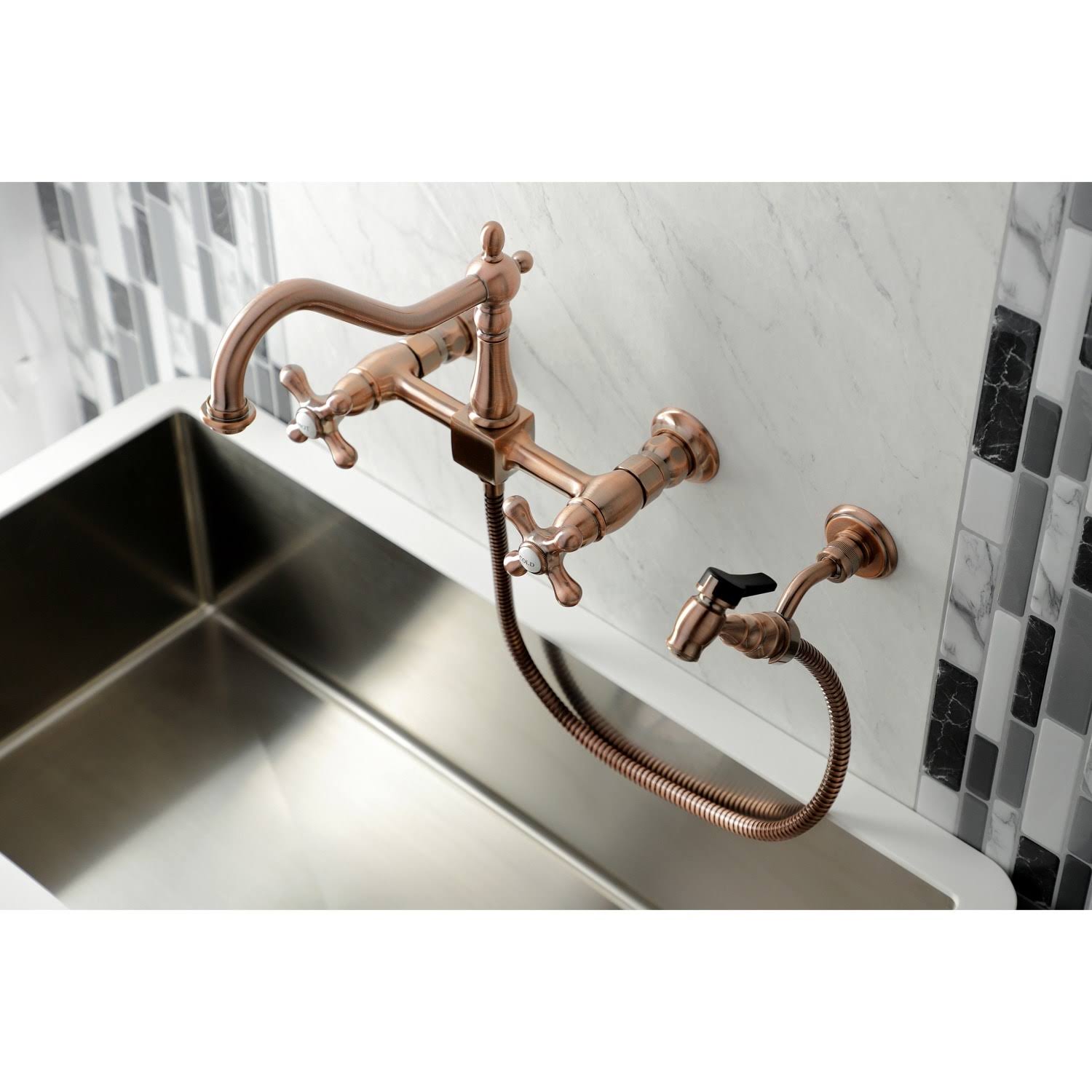 Heritage Two-Handle Wall Mount Bridge Kitchen Faucet with Brass Sprayer - Antique Copper