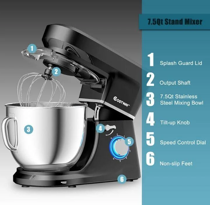 Costway Tilt-Head Stand Mixer 7.5 qt 6 Speed 660W with Dough Hook, Whisk u0026 Beater Black
