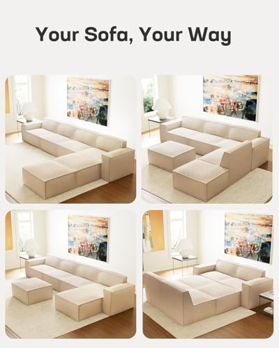 Marsail 142" Oversized Deep U Shaped Modular Sofa, Corduroy Cloud Couches with Deep Seats and High-Back Design