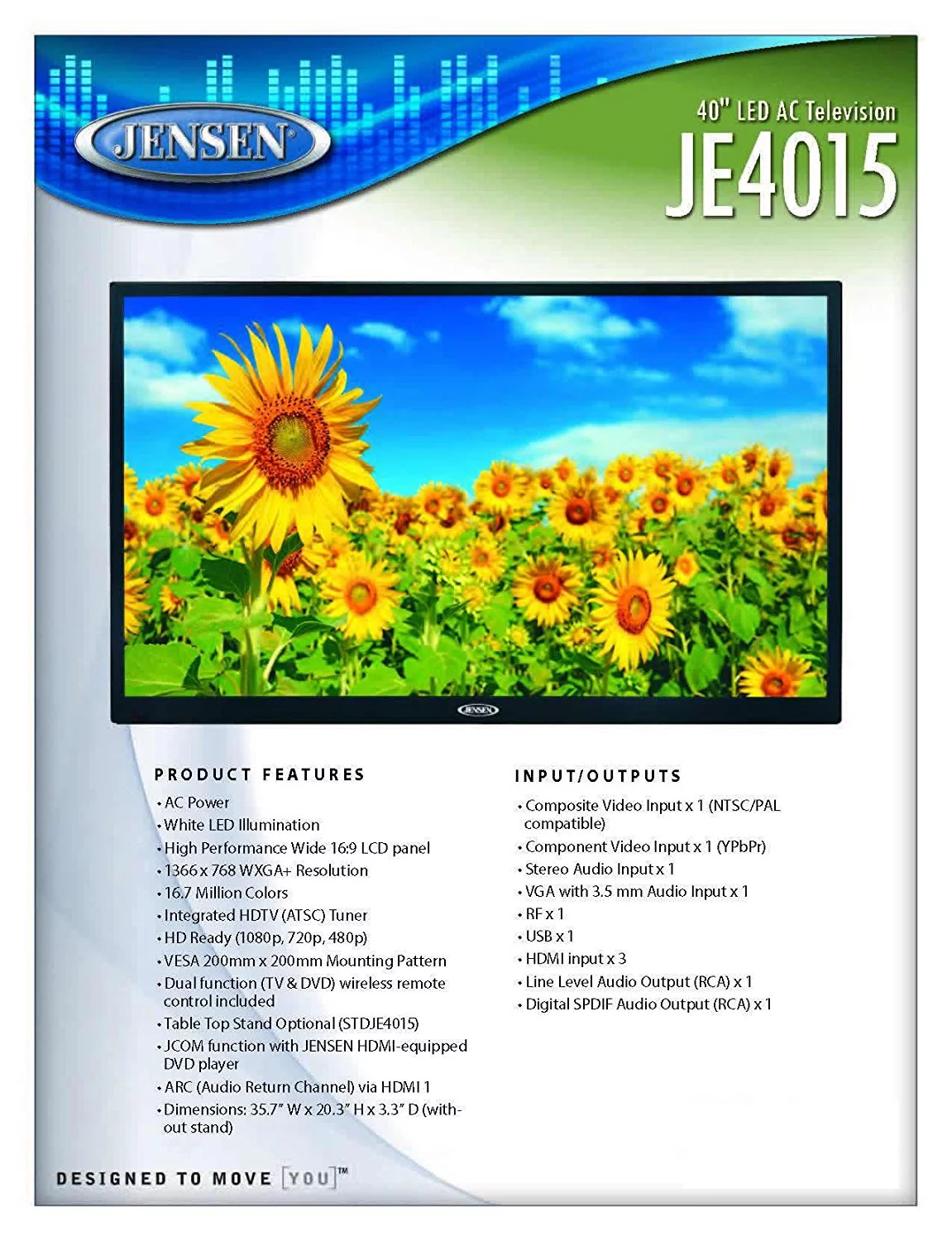 Jensen JE4015 40" LED AC Wallmount Television with Integrated HDTV (ATSC) Tuner and Remote Control, HDTV Ready (1080p, 720p, & 480p)