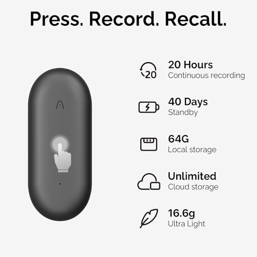 AI Voice Recorder, PLAUD NotePin Voice Recorder, App Control, AI Notetaker, AI Transcribe & Summarize, Support 112 Languages, 64GB Memory