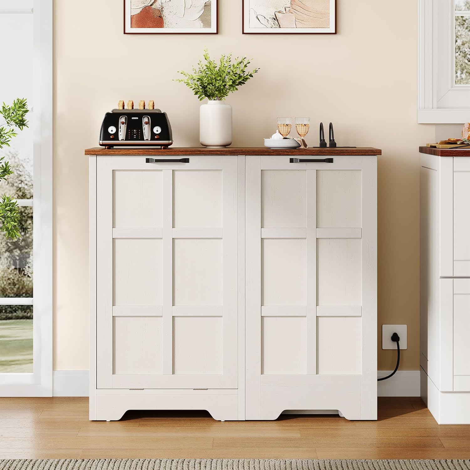 DWVO Tilt Out Trash Cabinet, 13 Gallon Cabinet Trash Can with Outlet/Adjustable Shelves, Hidden Pull Out Trash Bin Cabinet