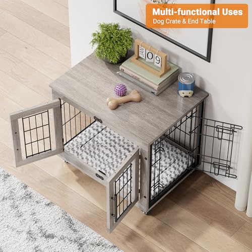 Lulive Dog Crate Furniture for Medium Dogs, 32'' Dog Kennel Indoor with Cushion & Wheels Wooden Dog Cage Double Doors Dog Crate End Table, Grey