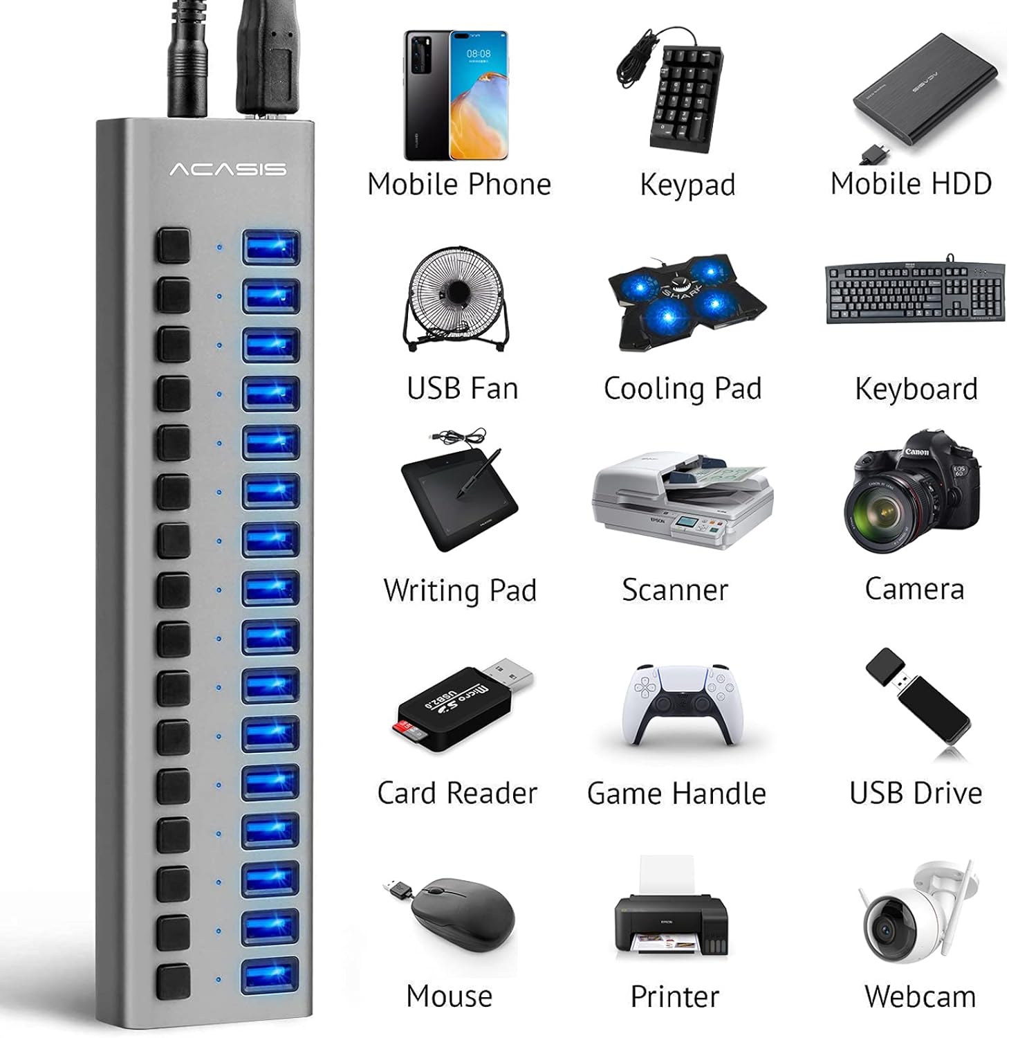 ACASIS Powered USB Hub 16 Ports USB 3.0 Data Hub with Individual On/Off Switches and 12V7.5A 90W Power Adapter USB Hub 3.0 Splitter for Laptop, PC