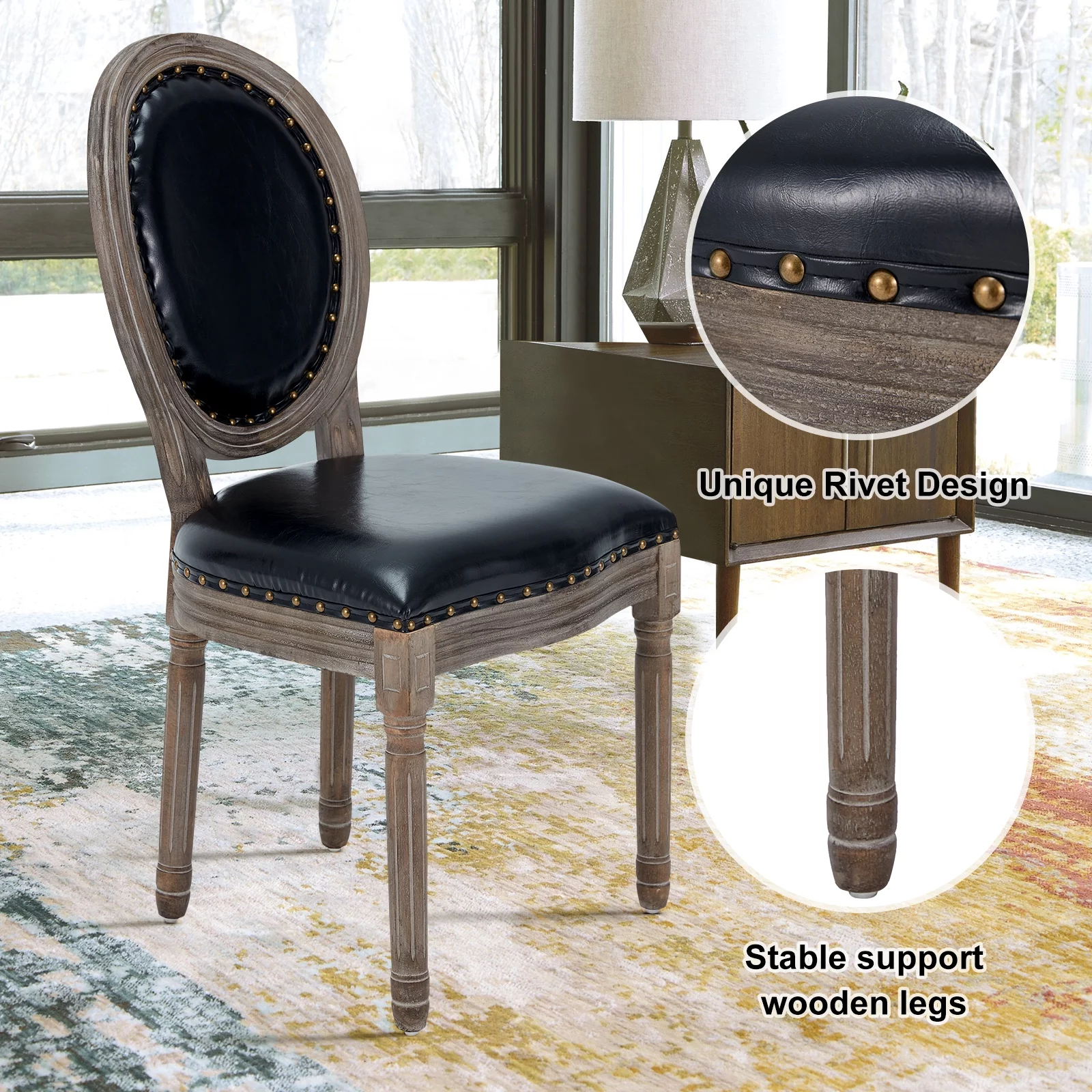 AVAWING Farmhouse Leather Dining Room Chairs 2 PCS, French Chairs with Round Back, Brown Wood Legs