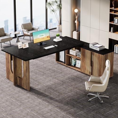 Tribesigns 74.8" Executive Desk, Large Office Desk with Cabinet, L Shaped Computer Desk with Shelves and CPU Storage