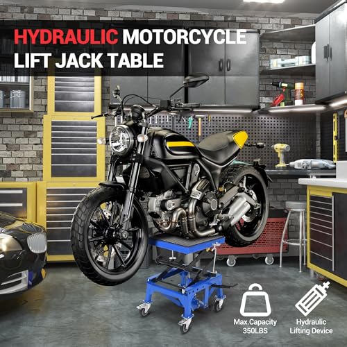 Hydraulic Motorcycle Lift Jack 350LBS, Foot Operated Scissor Lift Table for ATV Dirt Bike, Heavy-Duty Steel Stand with Safety Lock & Wheels