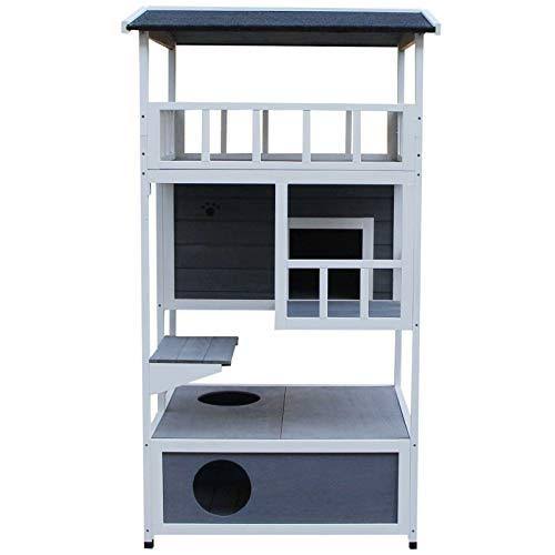 Pawhut Outdoor Solid Wood 4-Floor Cat Condo Pet Villa with Litter Box Space - Gray