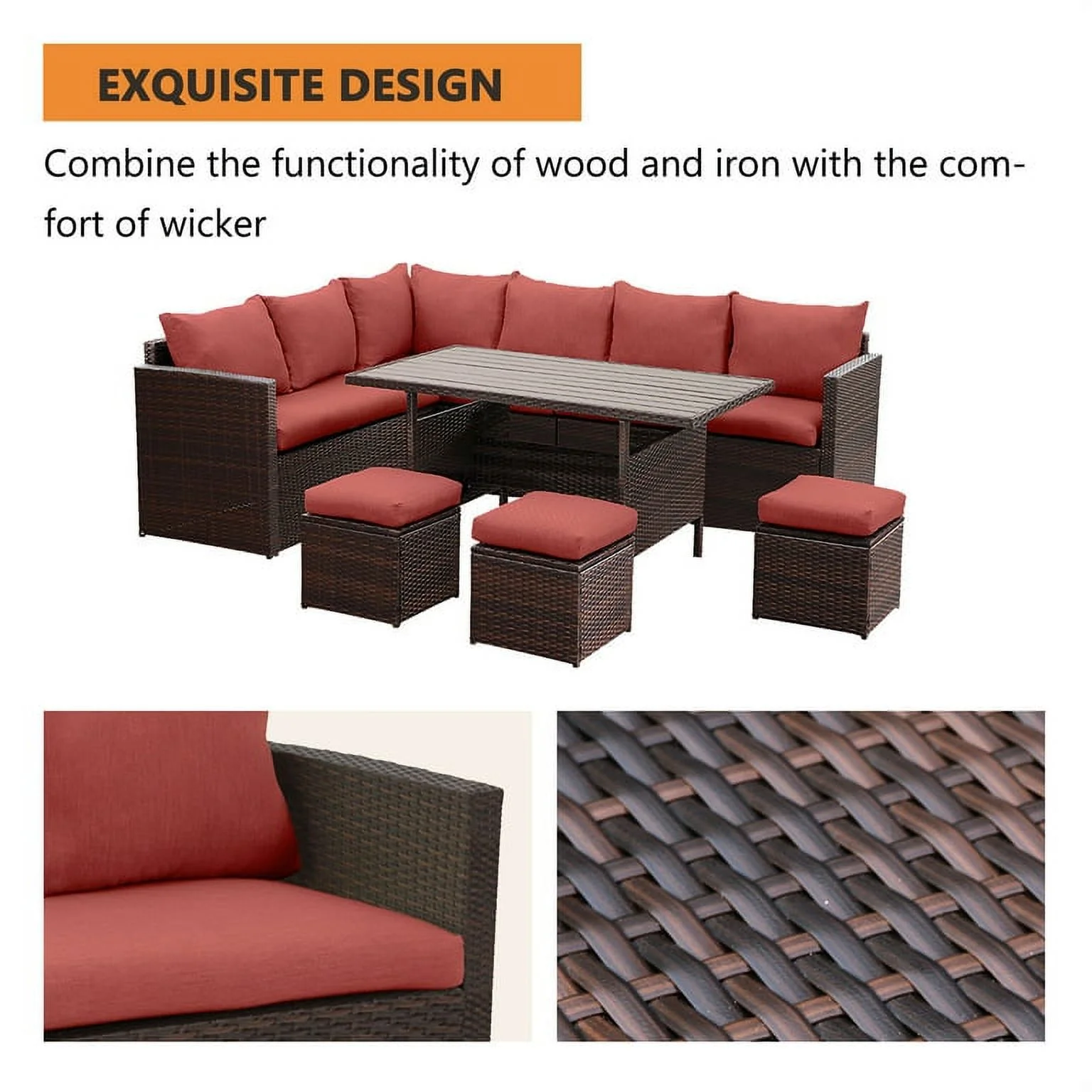 CozyHom 7 Pcs Outdoor Patio Wicker Dining Furniture Sofa Sets, Rattan Conversation Sectional Couch Set with Table and Ottomans, Red