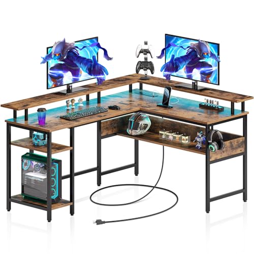Rolanstar Computer Desk 56.7" with LED Lights and Power Outlets, Carbon Fiber Surface, Reversible L Shaped Gaming Desk with Monitor Stand