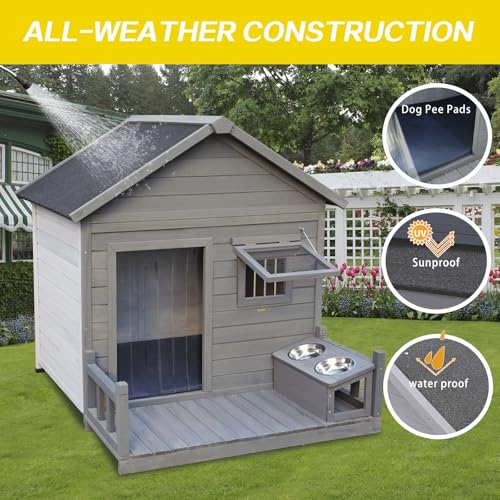 Outdoor Wooden Dog House,Waterproof Kennel with Deck and Sloped Roof,High Stability Pet Dog Cage for Small/Medium Puppy