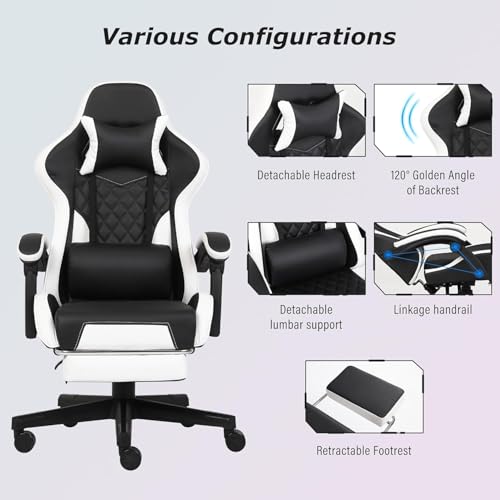 Gaming Chair, Computer Office Chair with Footrest, Linkage Armrests and Lumbar Support, High Back Ergonomic Gamer Chairs for Adults, Blue Fabric
