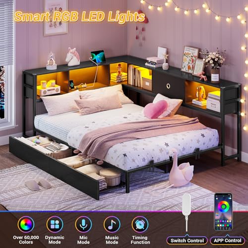 Hasuit Corner Bed Frame with Storage Bookcase, Twin Daybed with Storage Drawers Underneath, Kids Bed Unit with Charging Station and LED Light