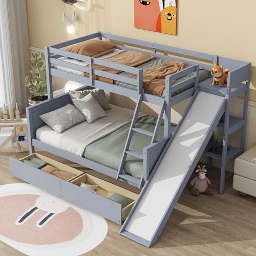 Bunk Beds Twin Over Full Size, Pine Solid Wooden Bunk Bed with Slide, Storage Staircase, Safety Guardrails for Kids, White