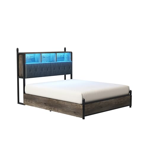 AMERLIFE Full Size Bed Frame with Bookcase Headboard, 4 Storage Drawers, Wooden Platform Bed with Charging Station & LED Light, No Box Spring Needed