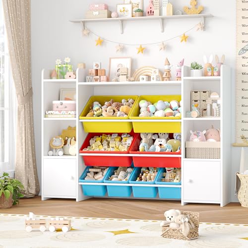 FOTOSOK 55''Large Toy Storage Organizer with 8 Toy Bins, Toy Organizers and Storage with Shelf and 6 Storage Cubbies, Bookshelf for Kids