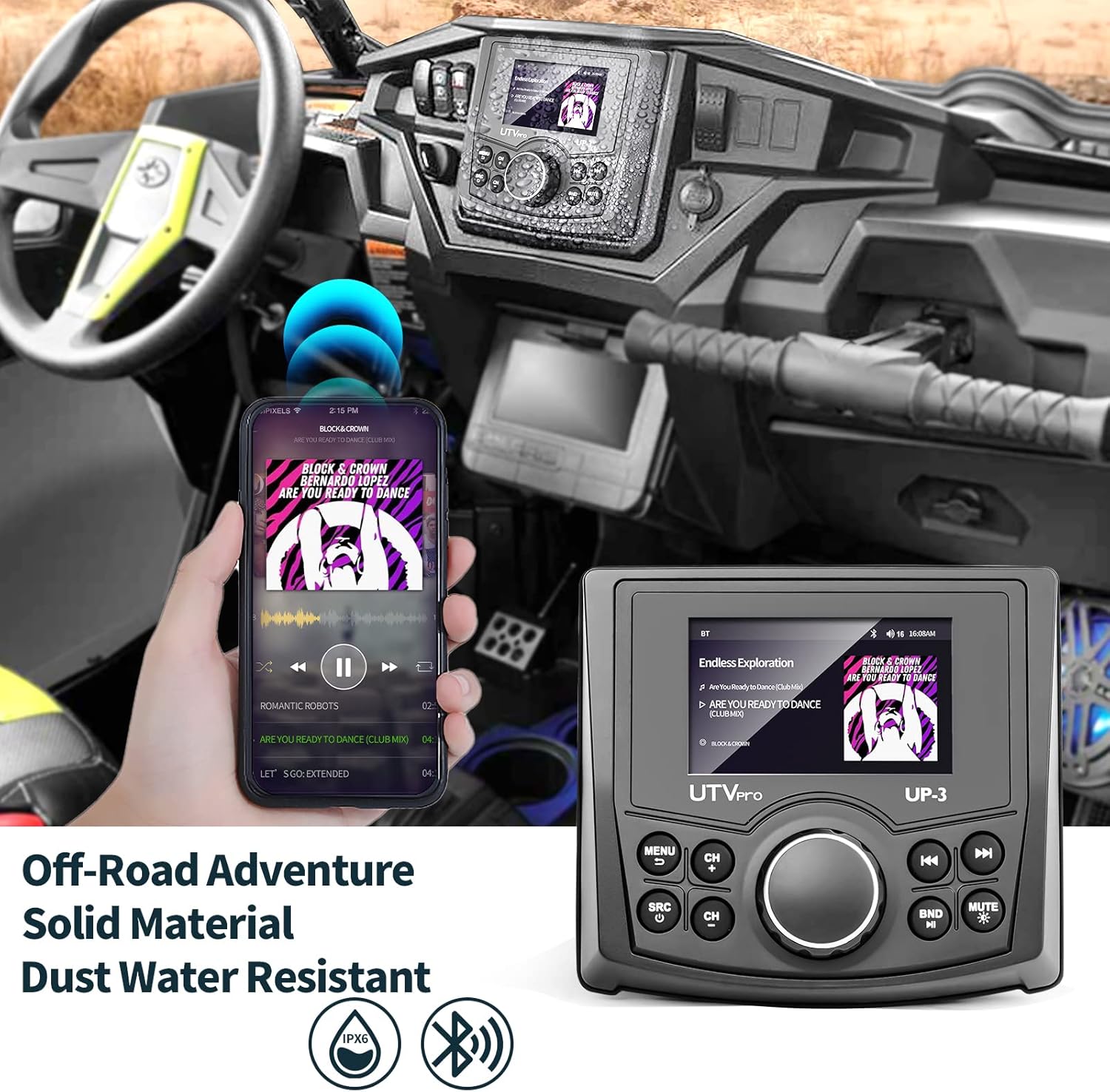 Powersports UTV Stereo AM/FM with Bluetooth Streaming 3 Zone, Compatible to Rear View Camera, External Amplifier Switch on/Off
