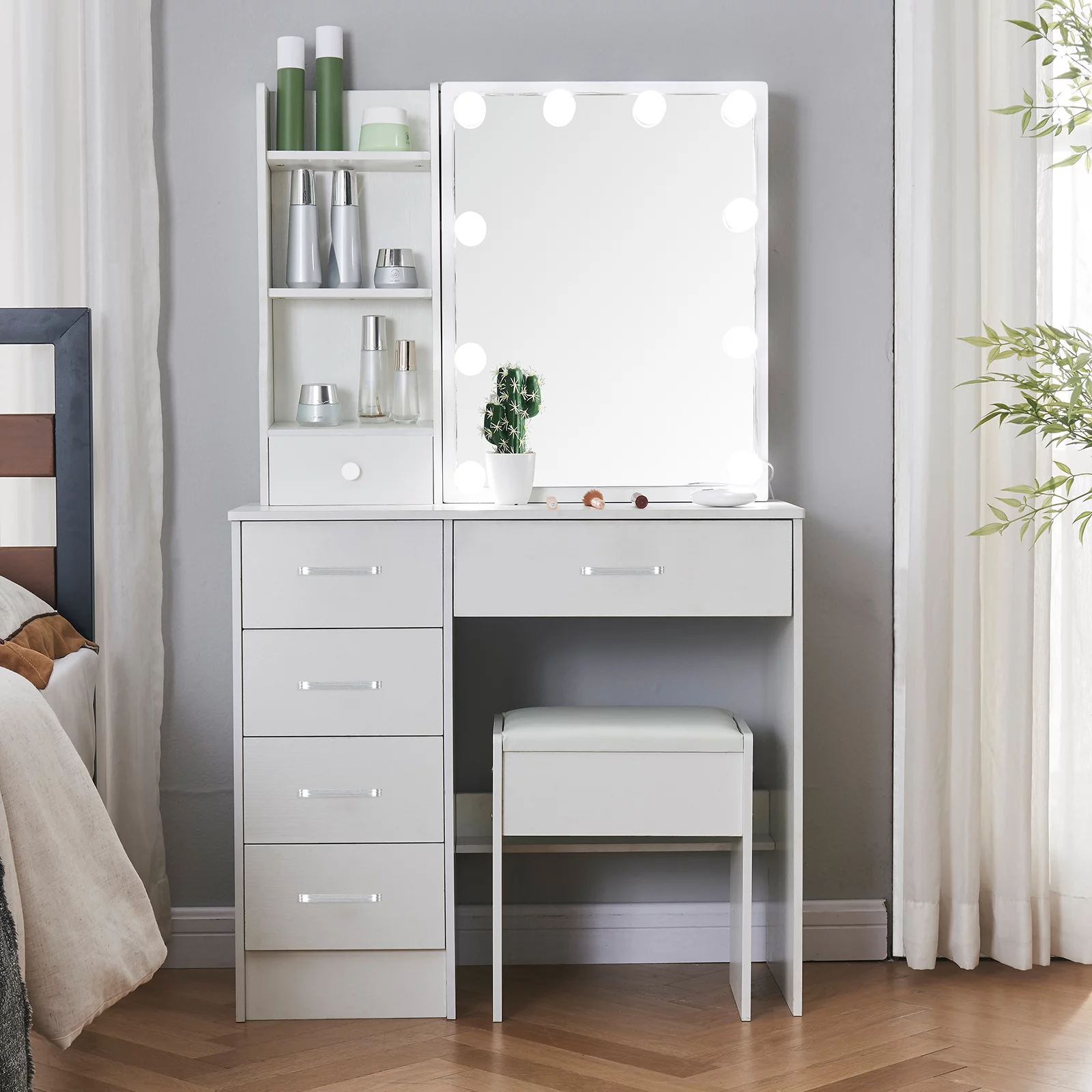 Jarbalai Makeup Vanity for Bedroom Makeup Table with Mirror and Lights, White