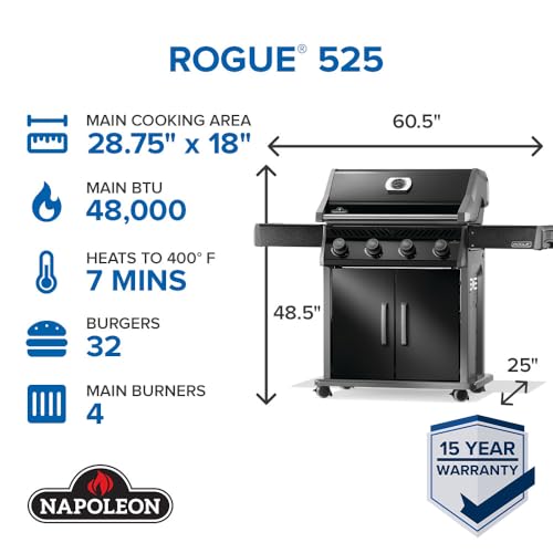 Napoleon Rogue 525 Propane Gas Grill, Black, Stainless Steel Grids, Durable 4-Burner Grill