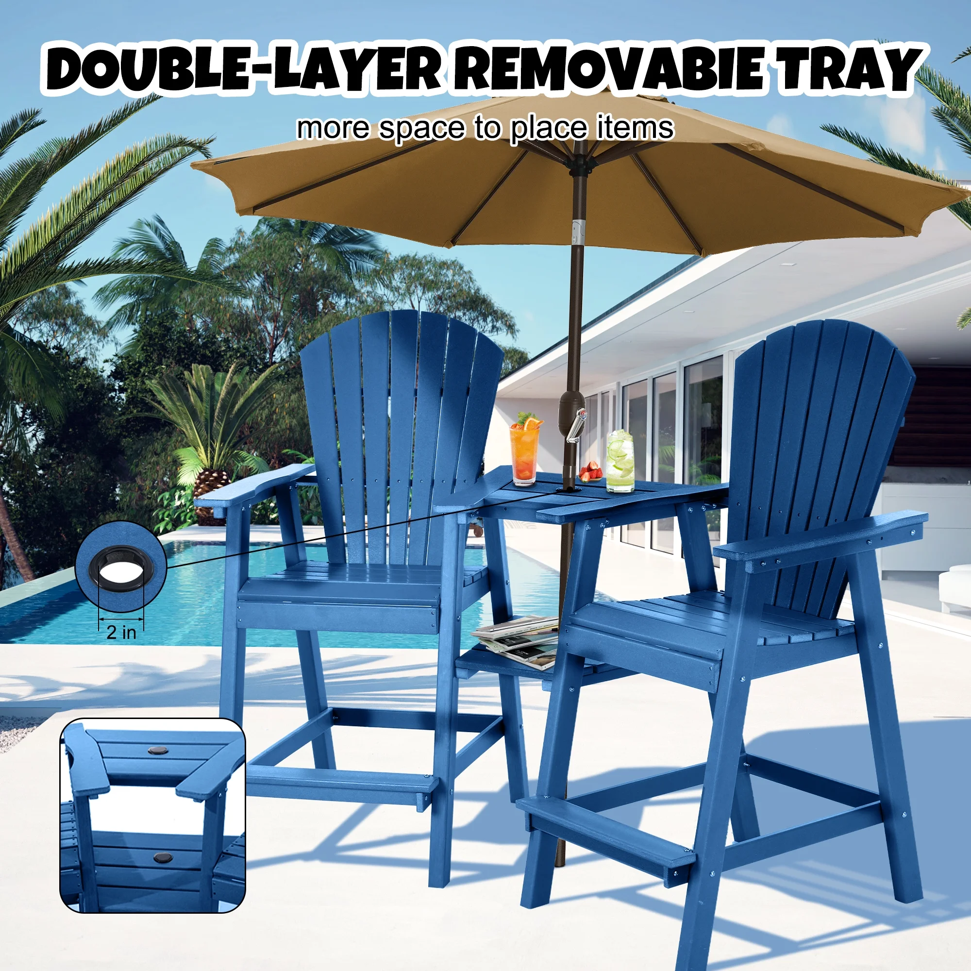 Tall Adirondack Chair Set of 2, HDPE Balcony Chair with Double Connecting Tray, Outdoor Weather Resistant Adirondack Chair, Navy Blue