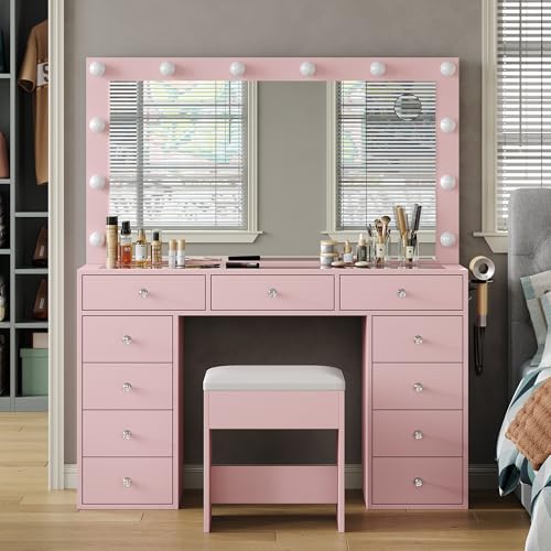 Vanity Desk & Power Outl, Makeup Vanity with Mirror and 12 LED Lights, Makeup Table with 11 Drawers, Vanity Table with Chair