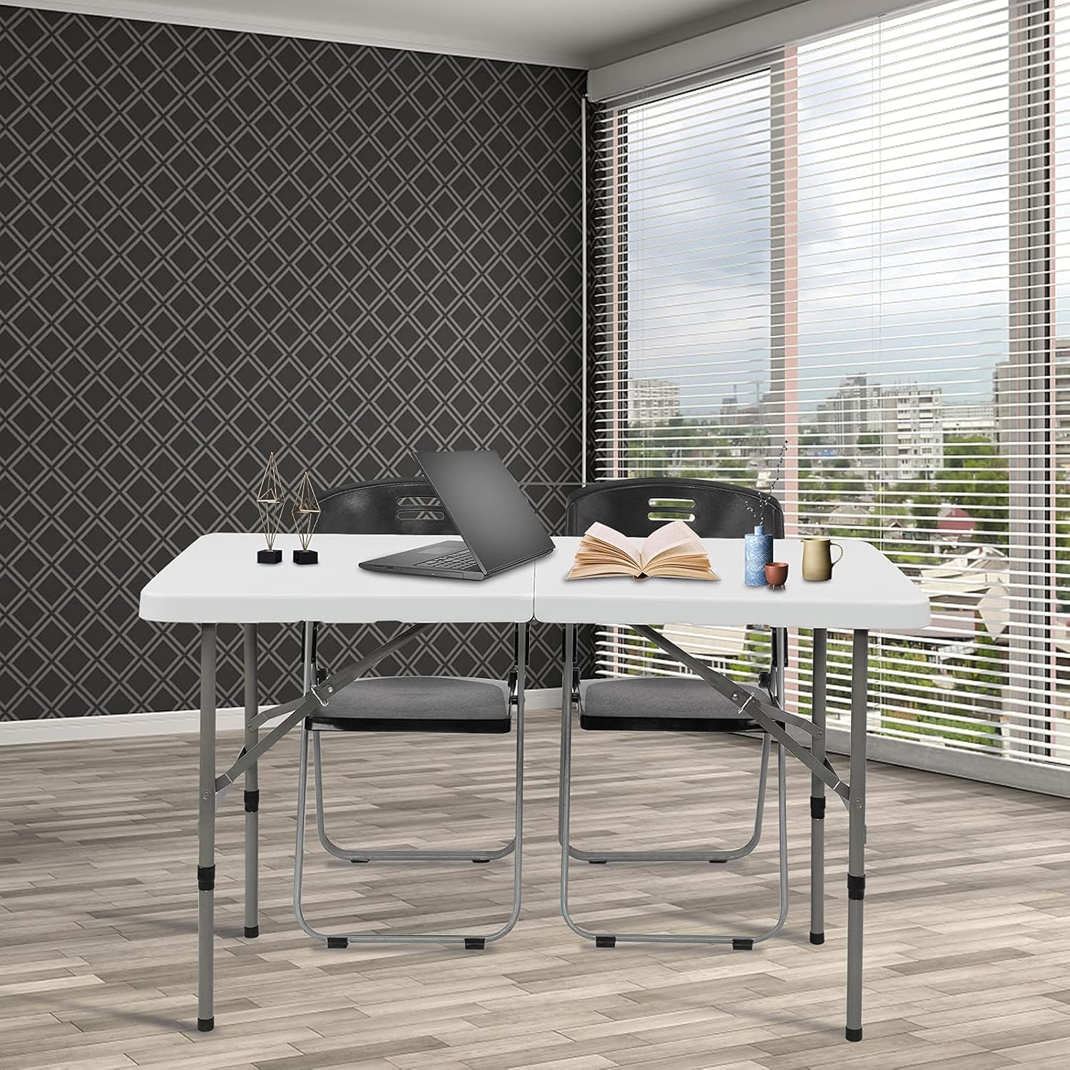 VINGLI 48 Round Bi-Folding Commercial Table, 4 Feet Portable Plastic Dining Card Table for Kitchen or Outdoor Party Wedding Event, White Granite