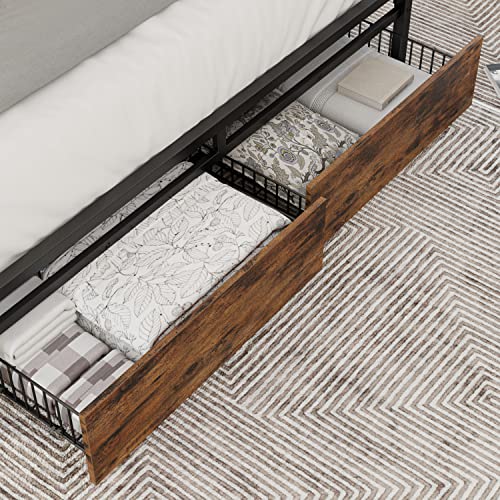 LIKIMIO King Bed Frame with Storage Headboard, Platform Bed with Drawers and Charging Station, No Box Spring Needed, Easy Assembly, Vintage Brown