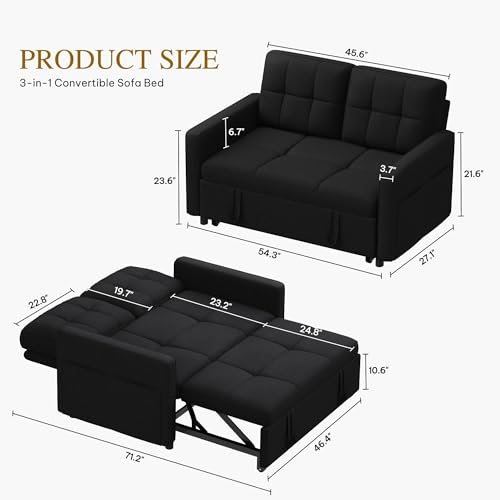 DWVO 55" Convertible Sofa Bed, 3-in-1 Sleeper Sofa with Pull-Out Bed, Linen Futon Couch with Adjustable Backrest and Side Pocket