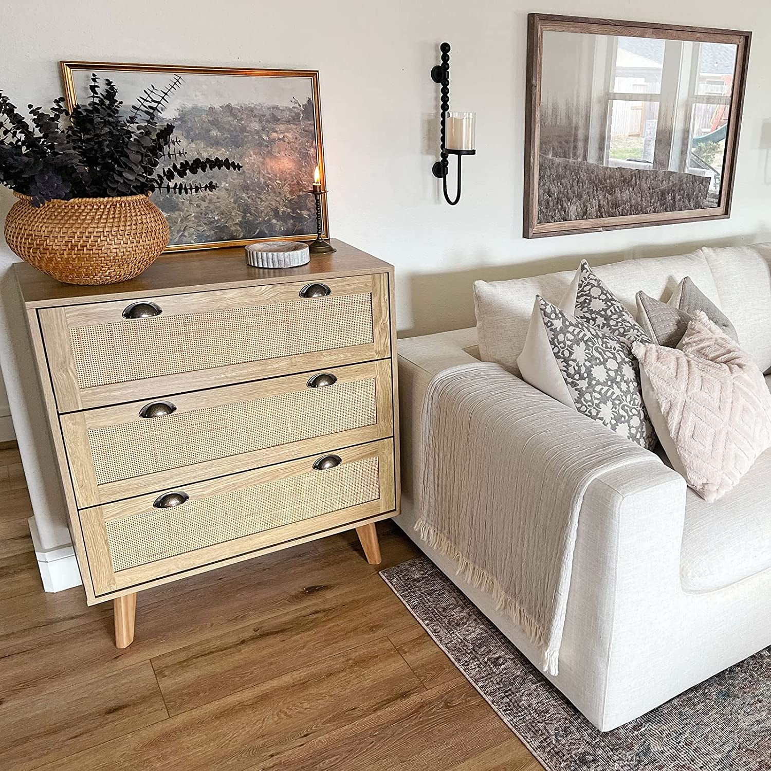 Rattan Cabinet - Chest of Drawers Small Cabinet for Living Room Bedroom Accent Storage Cabinet/Nightstand/Bedside Table, Rattan Dresser