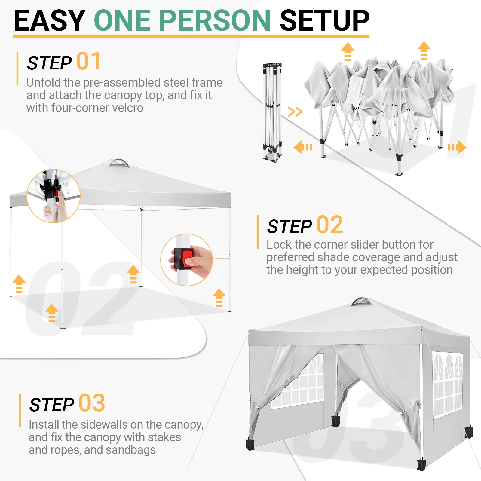 10'x10' EZ Pop Up Canopy with Top Vent, Large Commercial Tent, Waterproof and Sunproof with 4 Removable Sidewalls