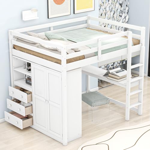 Full Size Loft Bed with Desk & Wardrobe, Solid Wood Kids Loft Bedframe w/3 Storage Drawers & 2 Shelves, Maximum Space Design, for Bedroom, Dorm, Gray