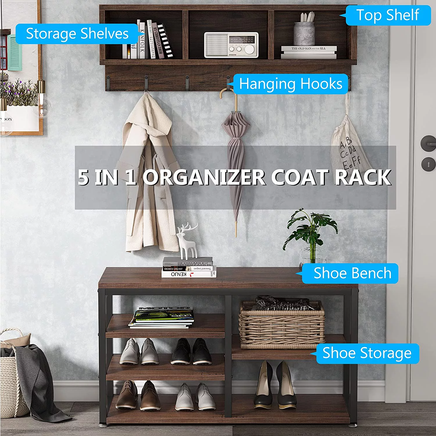 Tribesigns Hall Tree with  Bench, 3 Storage Cubbies, 7 Hooks for Entryway, Hallway