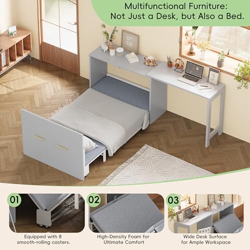 Twin Murphy Bed with Mattresses, Folding Cabinet Bed with Adjustable Position Desk