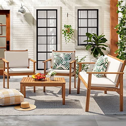 Flamaker Patio Chairs 3 Piece Acacia Wood Patio Furniture with Coffee Table & Cushions Outdoor Conversation Set Balcony Chairs for Porch, Deck