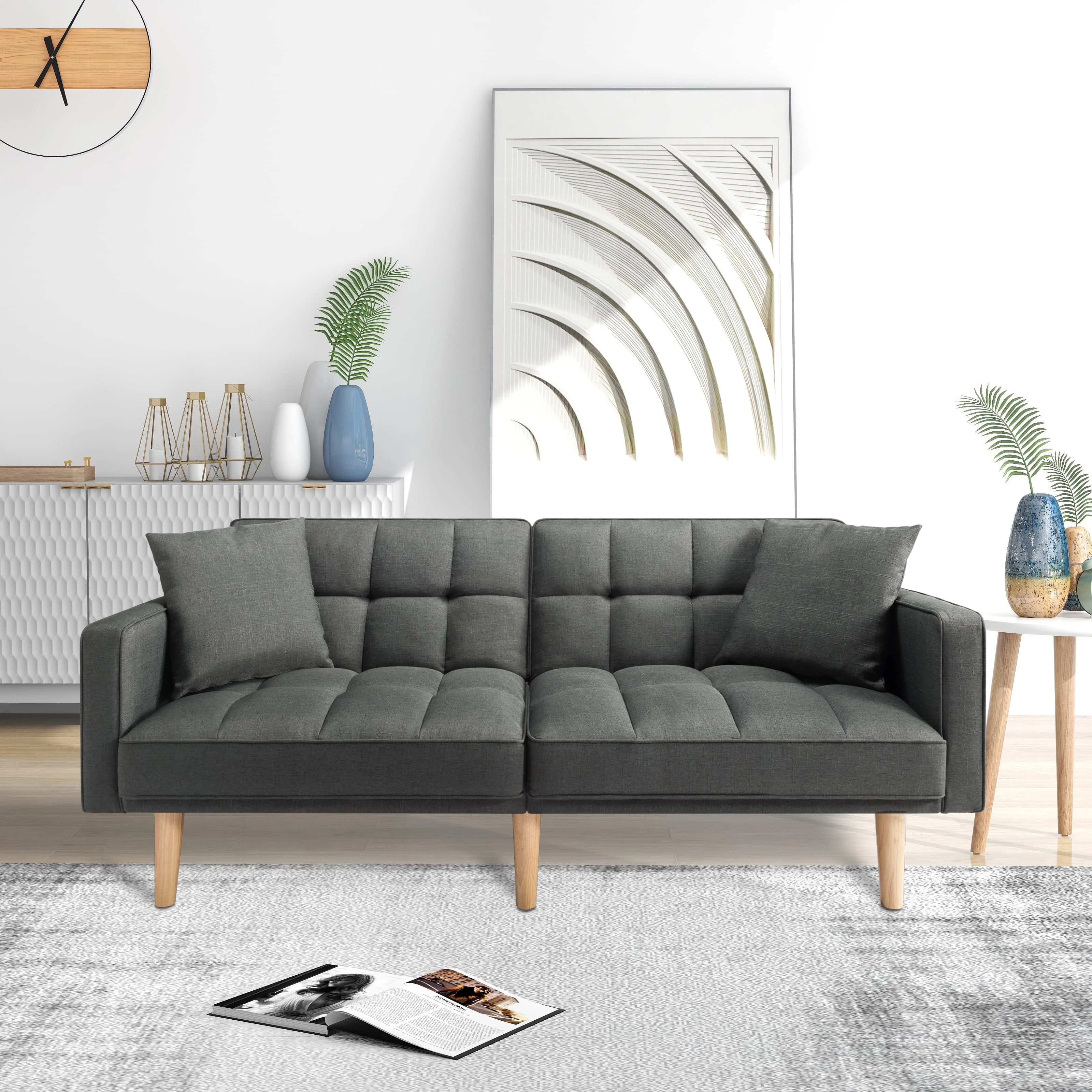 BSHTI Futon Sofa bed, Featuring a split back, square arms, and tapered wood legs